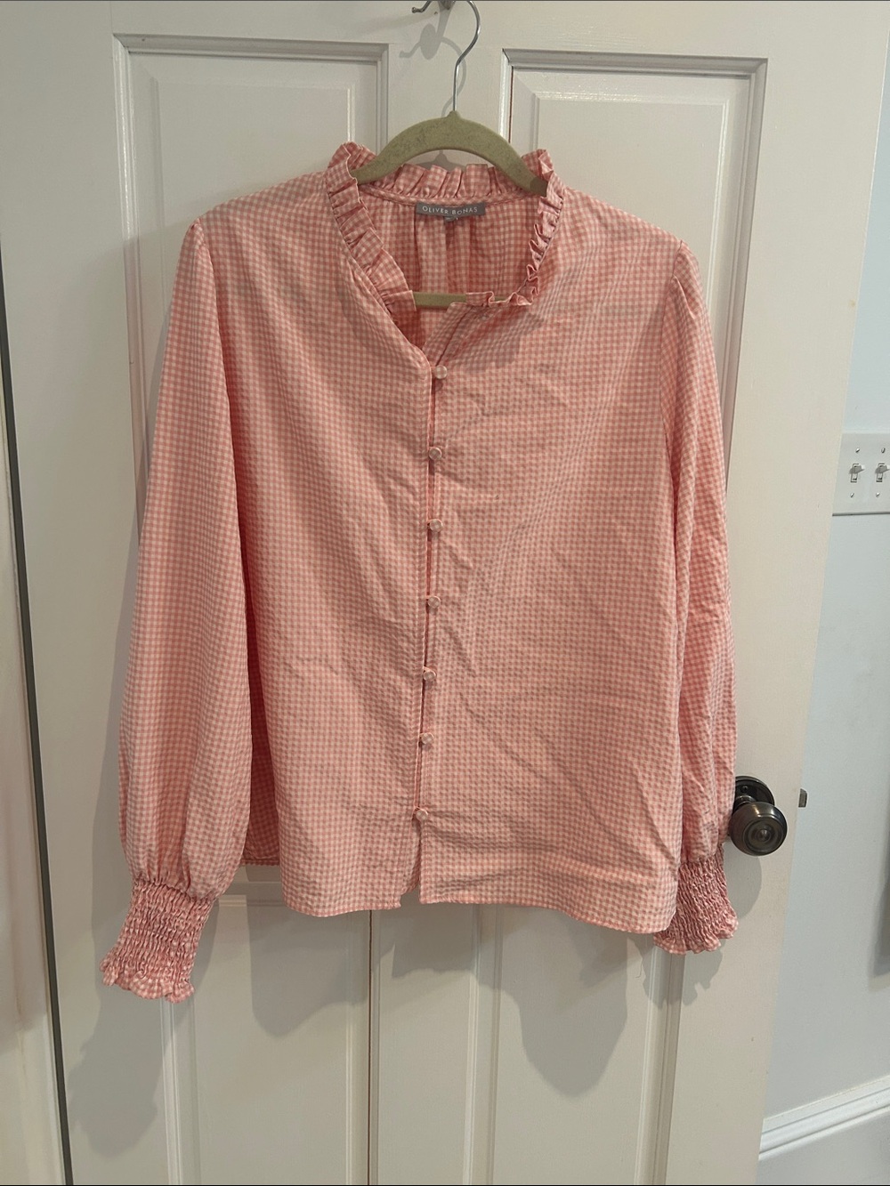 Petite Pink Gingham Ruffle Collar Blouse